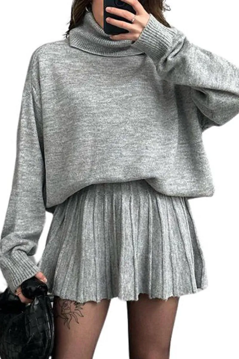 Chouyatou Women's 2 Piece Sweater Skirt Sets Turtleneck Pullover Tops Mini Pleated Skirt Two Piece Knitted Outfits
