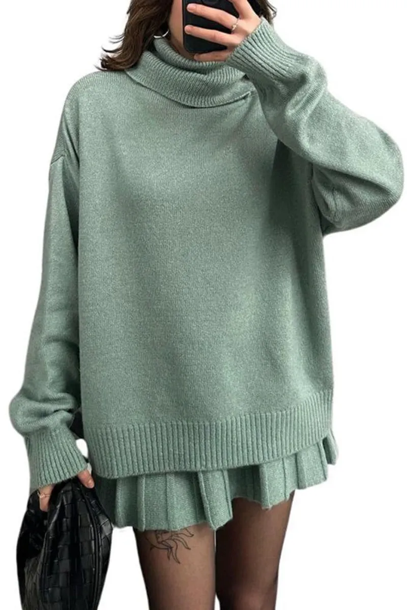 Chouyatou Women's 2 Piece Sweater Skirt Sets Turtleneck Pullover Tops Mini Pleated Skirt Two Piece Knitted Outfits