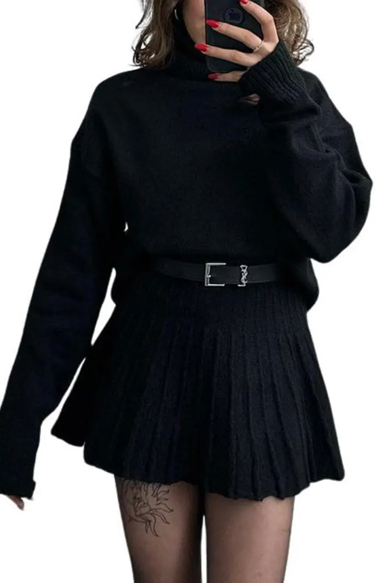 Chouyatou Women's 2 Piece Sweater Skirt Sets Turtleneck Pullover Tops Mini Pleated Skirt Two Piece Knitted Outfits