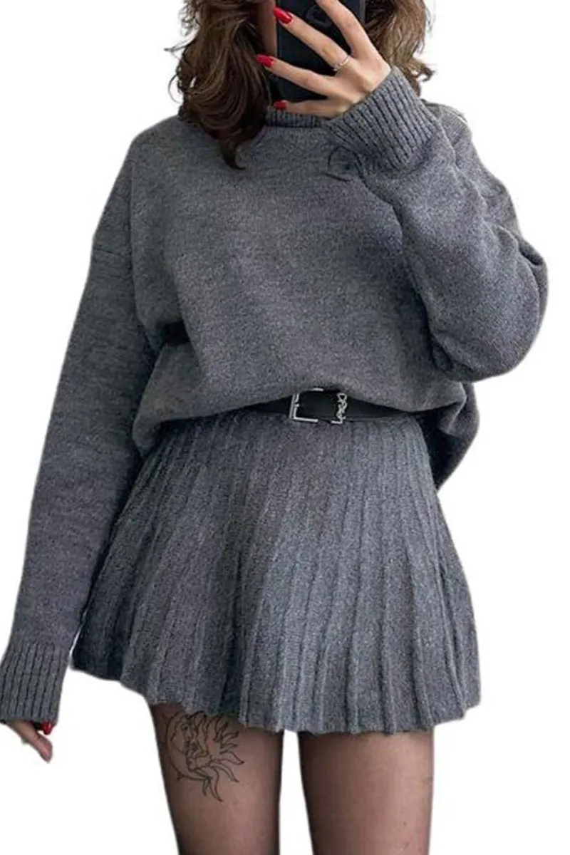 Chouyatou Women's 2 Piece Sweater Skirt Sets Turtleneck Pullover Tops Mini Pleated Skirt Two Piece Knitted Outfits