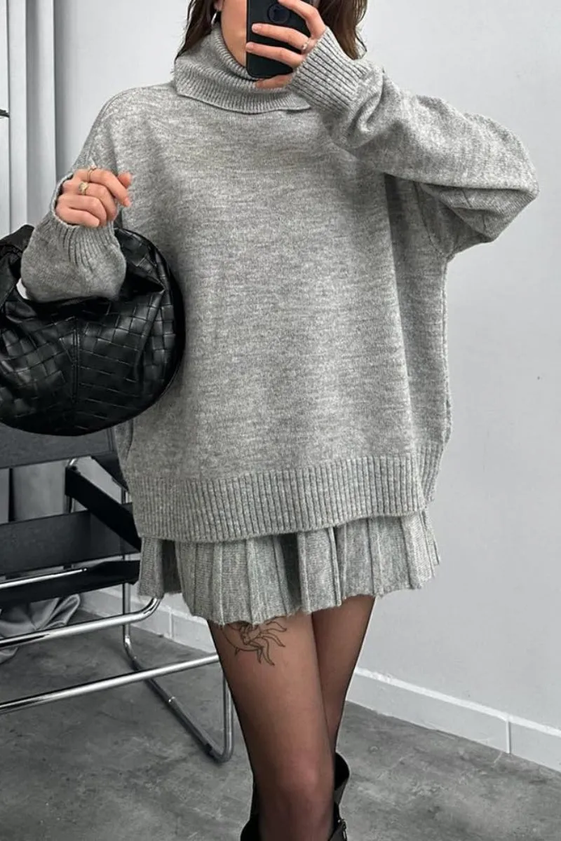 Chouyatou Women's 2 Piece Sweater Skirt Sets Turtleneck Pullover Tops Mini Pleated Skirt Two Piece Knitted Outfits
