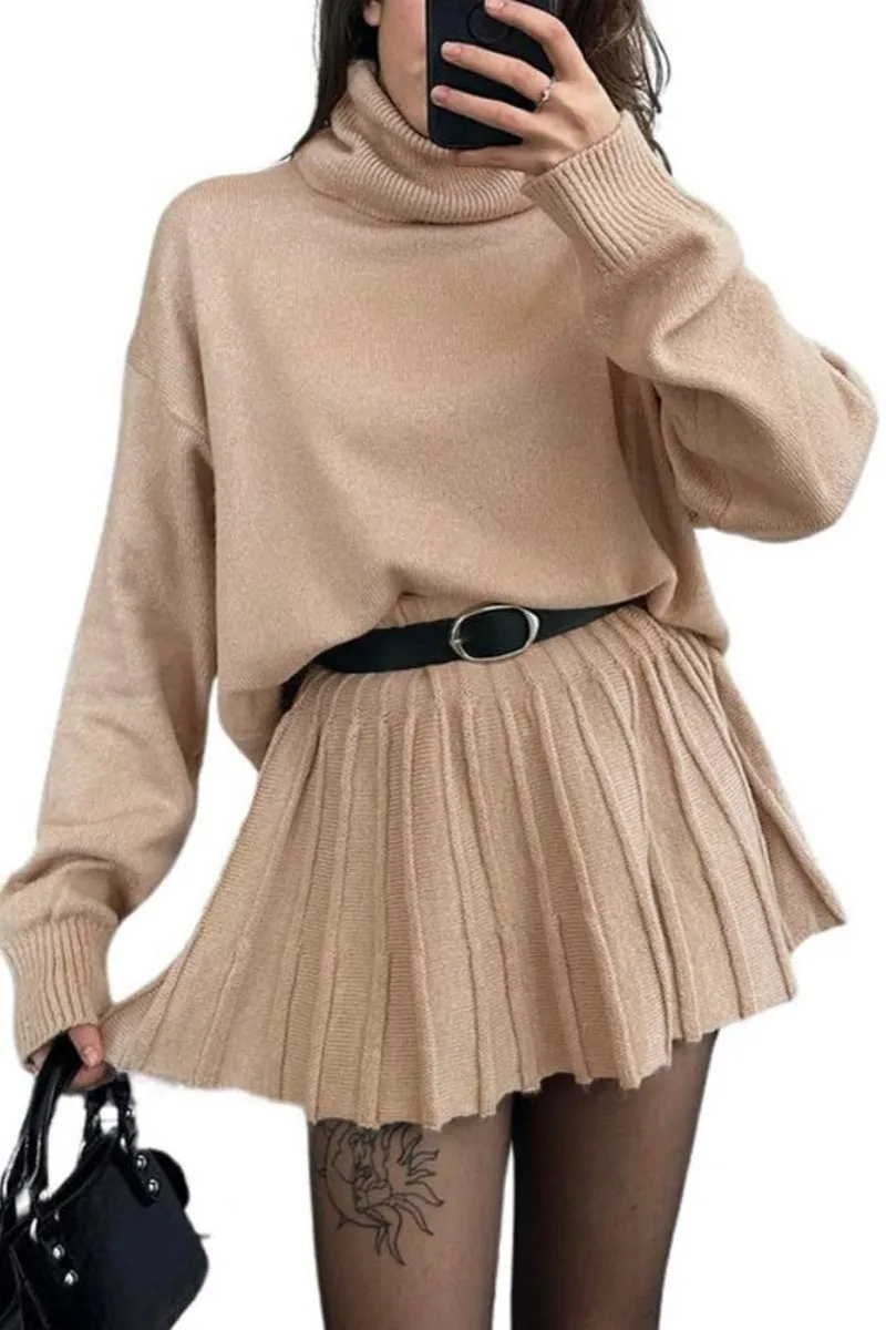 Chouyatou Women's 2 Piece Sweater Skirt Sets Turtleneck Pullover Tops Mini Pleated Skirt Two Piece Knitted Outfits