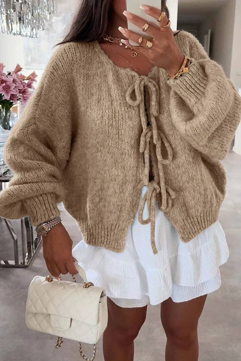 Chouyatou Women's Cute Bow Knot Cardigan Fall Casual Oversized Ribbed Knit Sweater Cardigan Tops