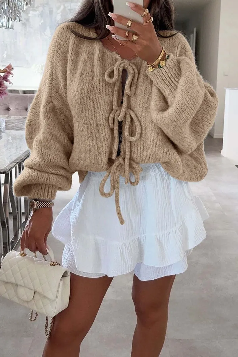 Chouyatou Women's Cute Bow Knot Cardigan Fall Casual Oversized Ribbed Knit Sweater Cardigan Tops