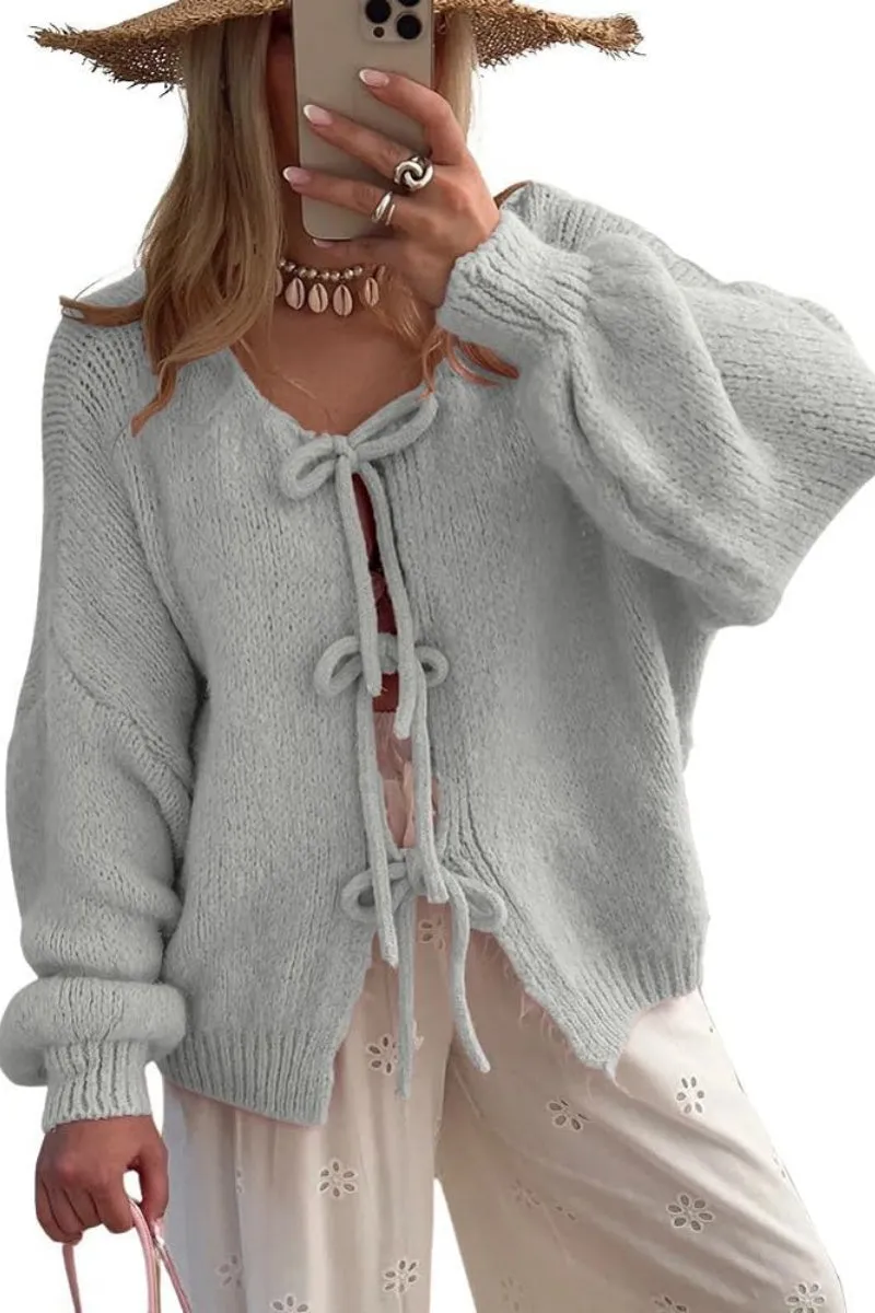 Chouyatou Women's Cute Bow Knot Cardigan Fall Casual Oversized Ribbed Knit Sweater Cardigan Tops