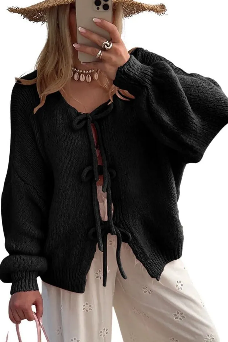 Chouyatou Women's Cute Bow Knot Cardigan Fall Casual Oversized Ribbed Knit Sweater Cardigan Tops