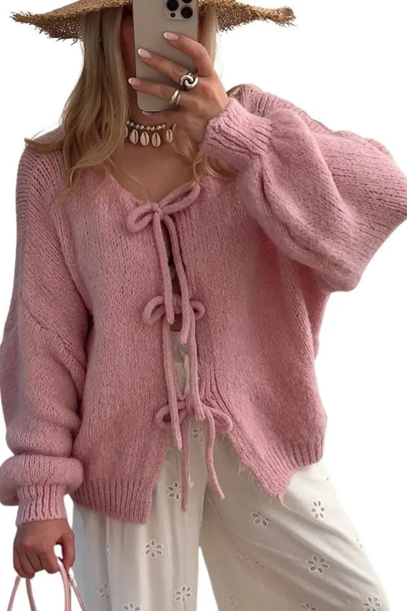 Chouyatou Women's Cute Bow Knot Cardigan Fall Casual Oversized Ribbed Knit Sweater Cardigan Tops