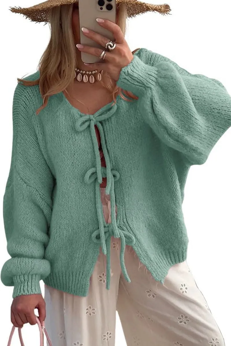 Chouyatou Women's Cute Bow Knot Cardigan Fall Casual Oversized Ribbed Knit Sweater Cardigan Tops