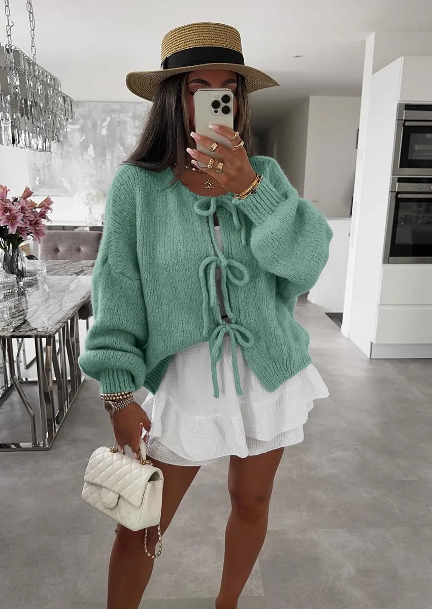 Chouyatou Women's Cute Bow Knot Cardigan Fall Casual Oversized Ribbed Knit Sweater Cardigan Tops