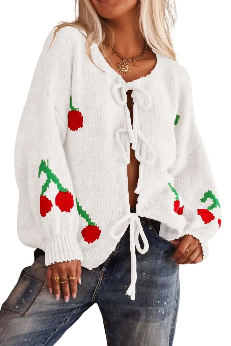 Chouyatou Women's Cute Y2K Cherry Tie Knot Cardigan Casual Loose Crewneck Chunky Knit Sweater Cardigan