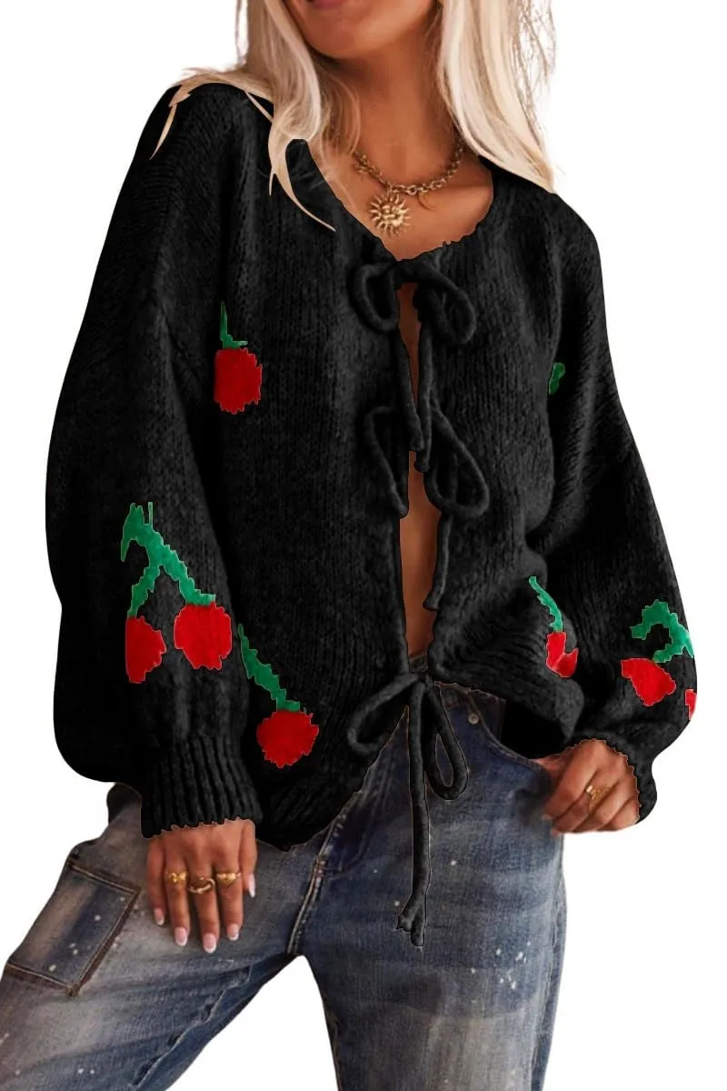 Chouyatou Women's Cute Y2K Cherry Tie Knot Cardigan Casual Loose Crewneck Chunky Knit Sweater Cardigan