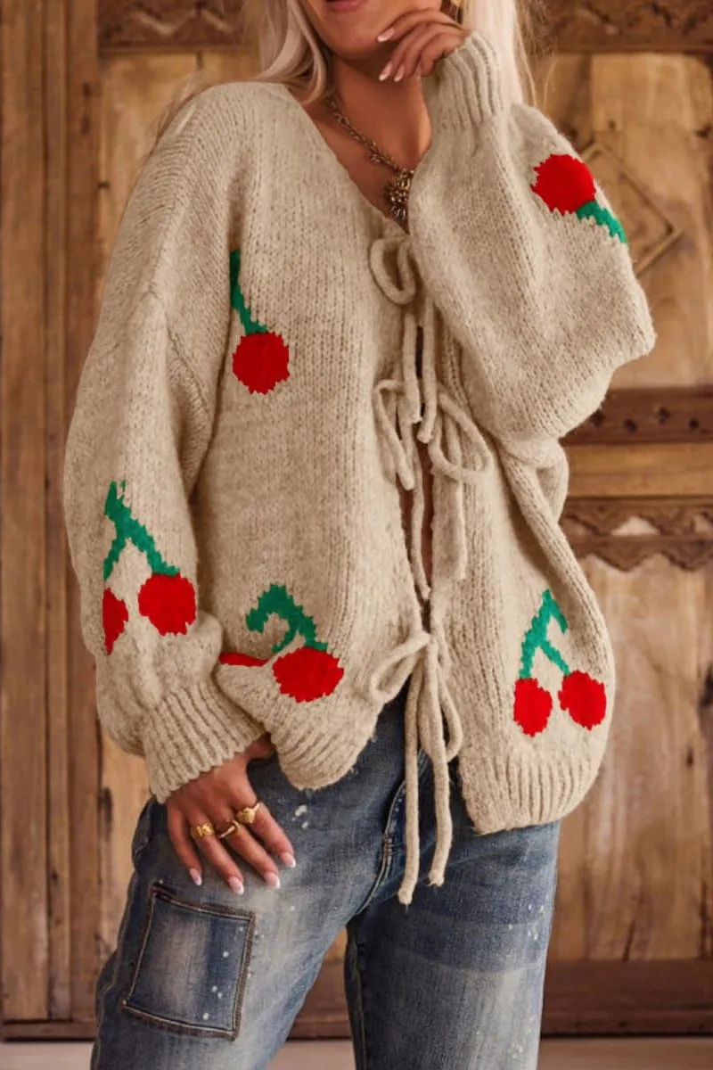 Chouyatou Women's Cute Y2K Cherry Tie Knot Cardigan Casual Loose Crewneck Chunky Knit Sweater Cardigan