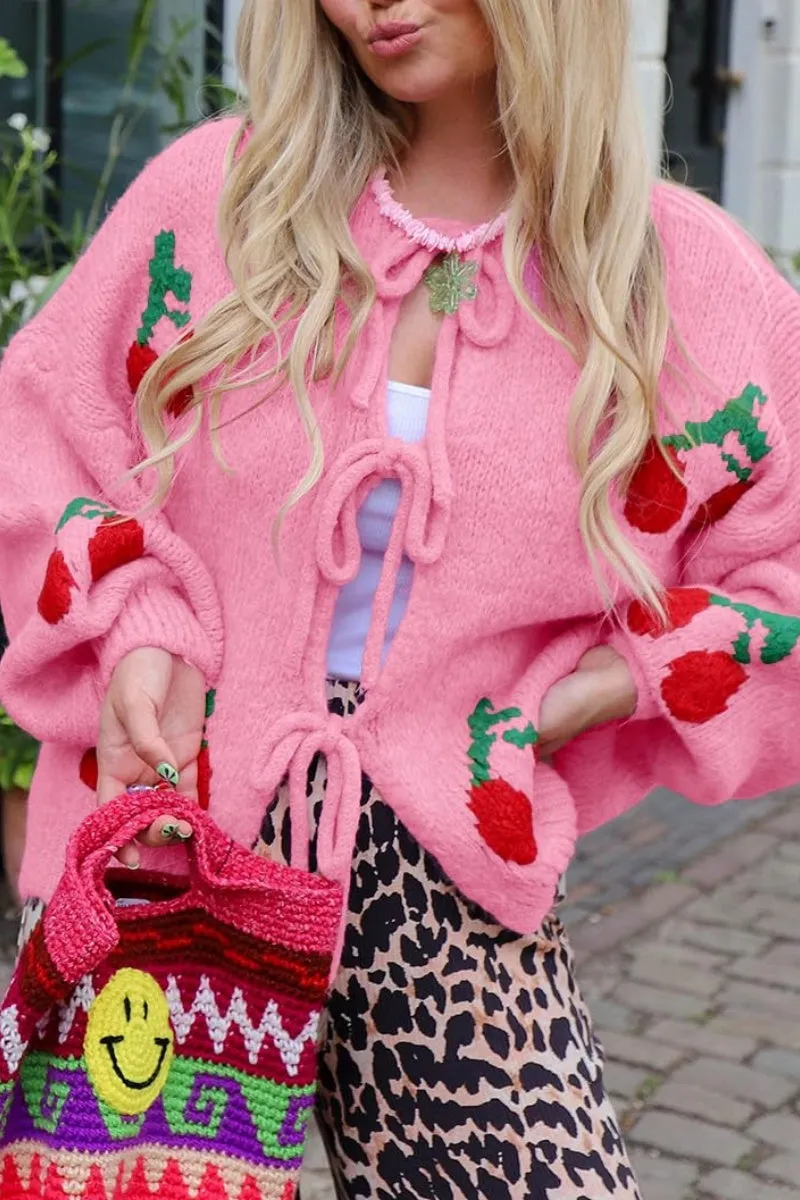 Chouyatou Women's Cute Y2K Cherry Tie Knot Cardigan Casual Loose Crewneck Chunky Knit Sweater Cardigan