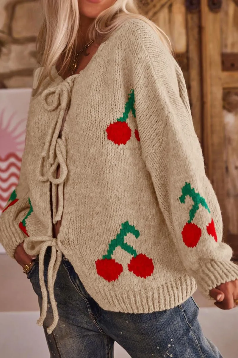 Chouyatou Women's Cute Y2K Cherry Tie Knot Cardigan Casual Loose Crewneck Chunky Knit Sweater Cardigan