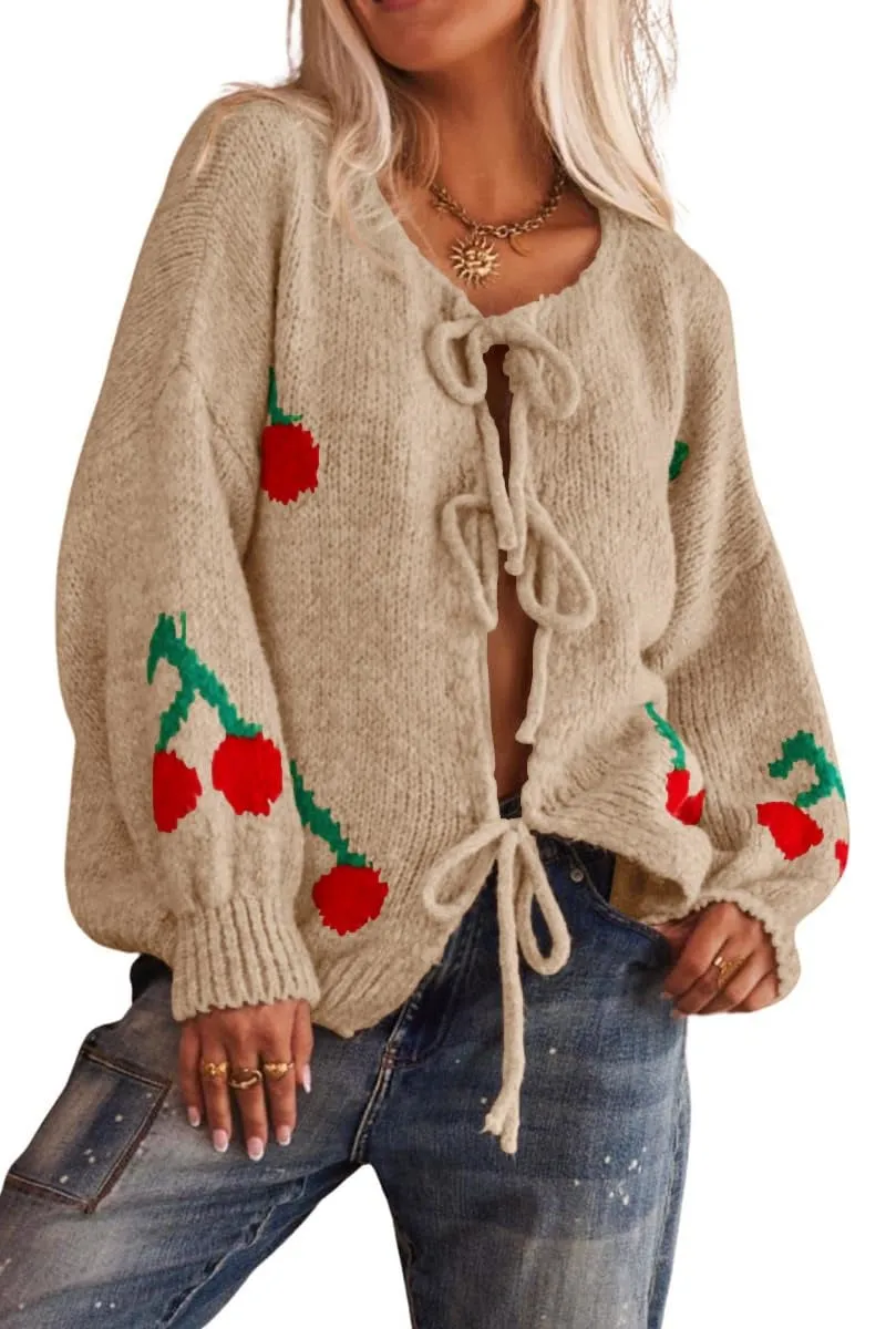 Chouyatou Women's Cute Y2K Cherry Tie Knot Cardigan Casual Loose Crewneck Chunky Knit Sweater Cardigan