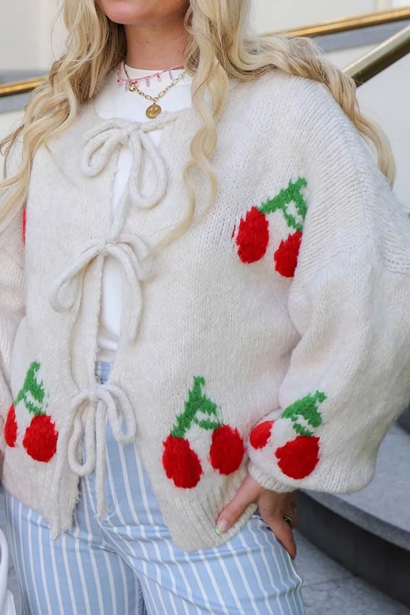 Chouyatou Women's Cute Y2K Cherry Tie Knot Cardigan Casual Loose Crewneck Chunky Knit Sweater Cardigan