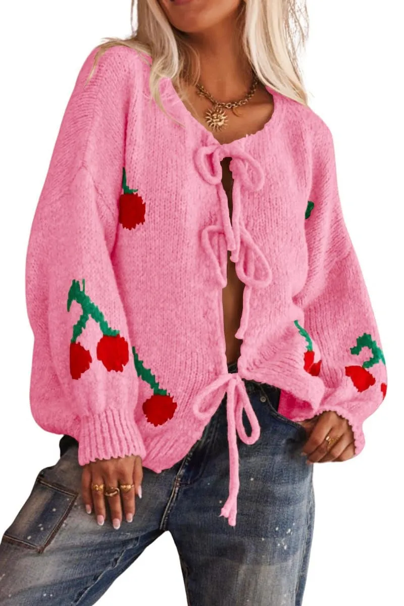 Chouyatou Women's Cute Y2K Cherry Tie Knot Cardigan Casual Loose Crewneck Chunky Knit Sweater Cardigan