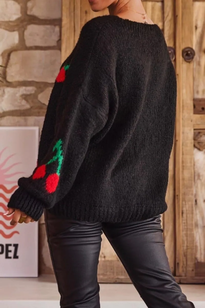 Chouyatou Women's Cute Y2K Cherry Tie Knot Cardigan Casual Loose Crewneck Chunky Knit Sweater Cardigan