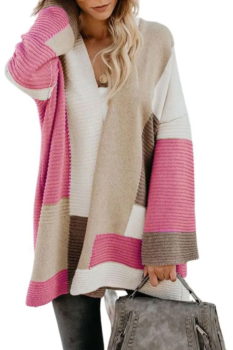 Chouyatou Women's Fall Geometric Color Block Open Front Cardigan Sweater Elegant Casual Oversized Coatigan Coat