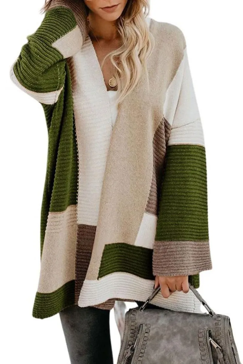 Chouyatou Women's Fall Geometric Color Block Open Front Cardigan Sweater Elegant Casual Oversized Coatigan Coat