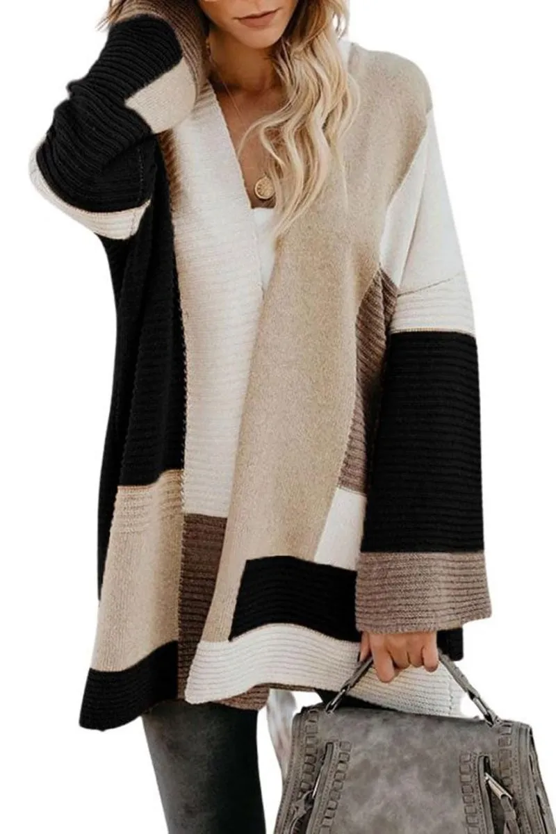 Chouyatou Women's Fall Geometric Color Block Open Front Cardigan Sweater Elegant Casual Oversized Coatigan Coat