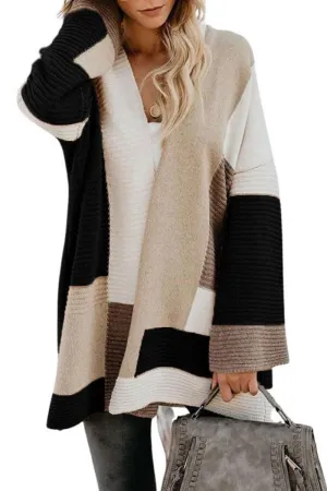 Chouyatou Women's Fall Geometric Color Block Open Front Cardigan Sweater Elegant Casual Oversized Coatigan Coat