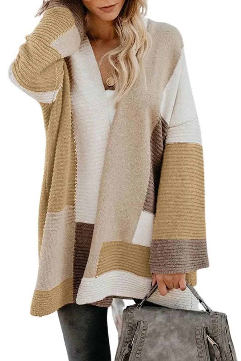 Chouyatou Women's Fall Geometric Color Block Open Front Cardigan Sweater Elegant Casual Oversized Coatigan Coat