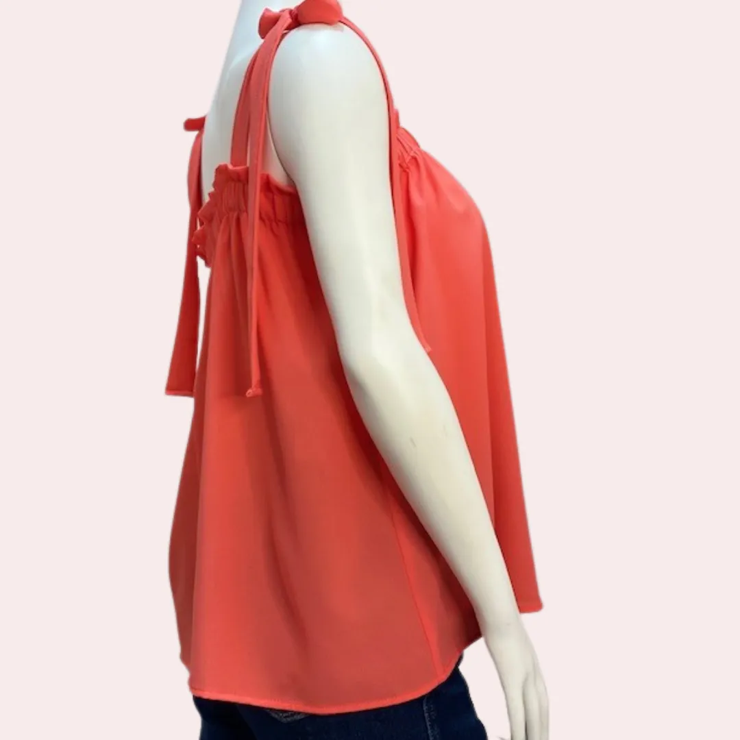 Coral ruffle frilled top with shoulder sash strap tie