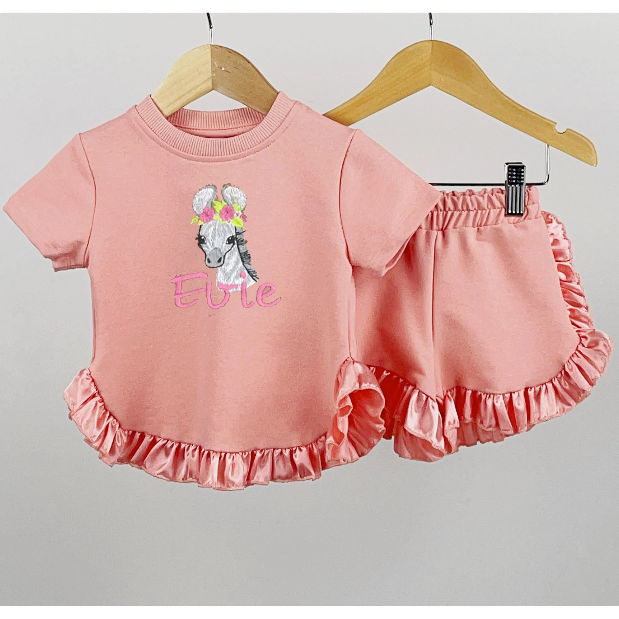 Coral Satin Frilled Hem T-Shirt & Shorts Set