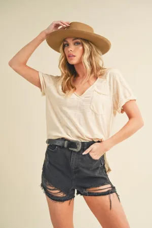 Cream Side Slit V-Neck Short Rolled Sleeve T-Shirt