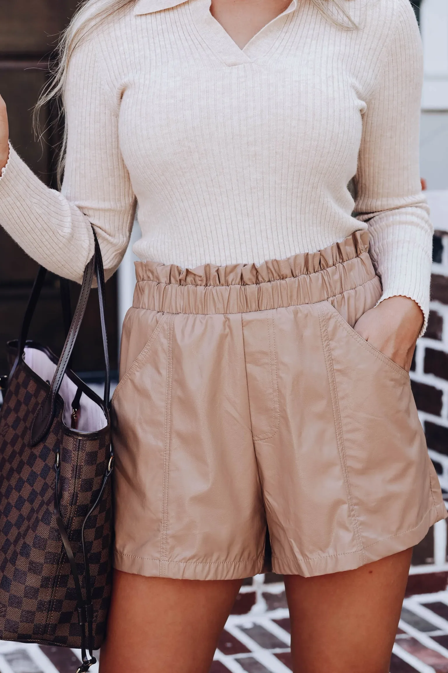 Crinkle Cut Faux Leather Shorts - Camel