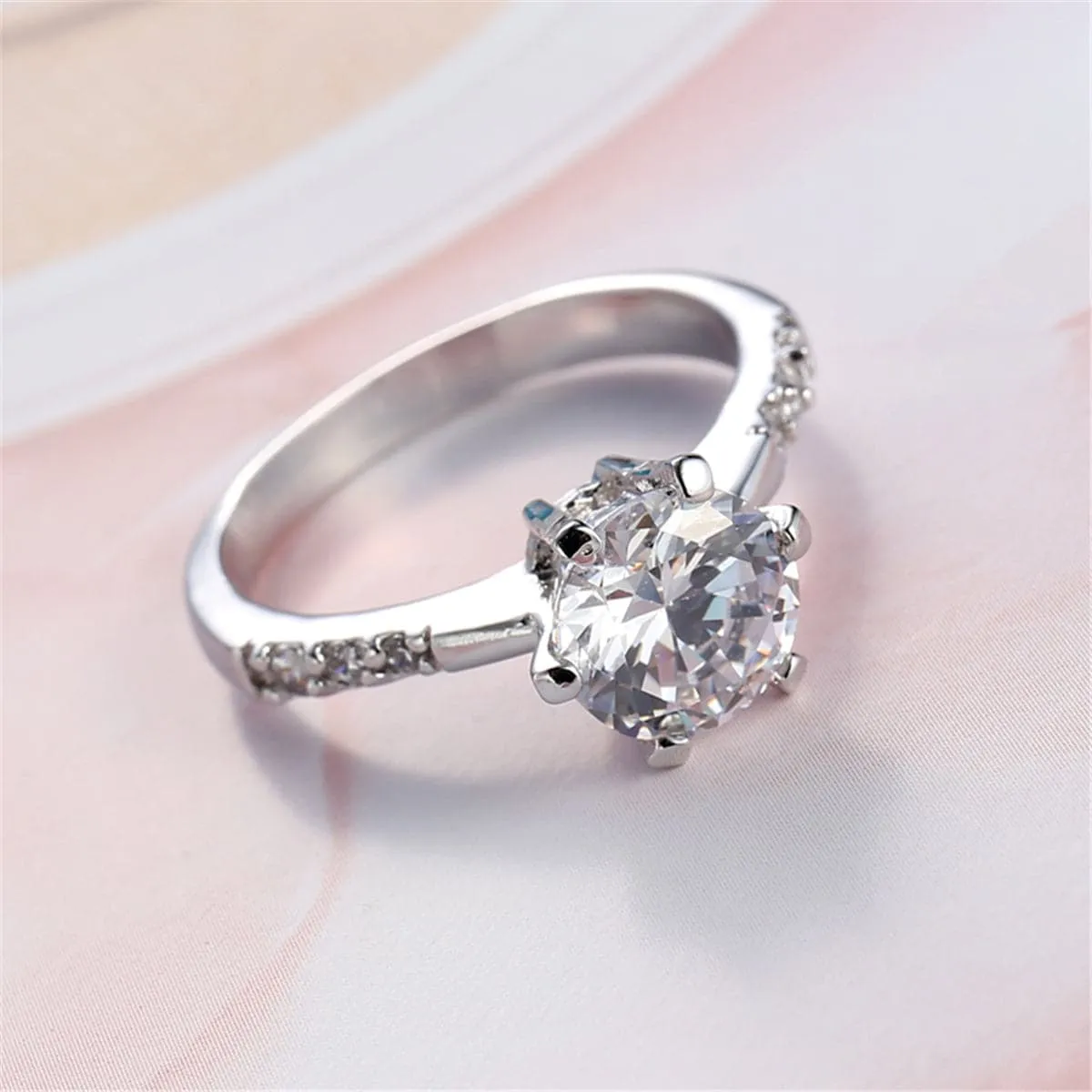 Crystal & Cubic Zirconia Silver-Plated Round-Cut Prong Ring