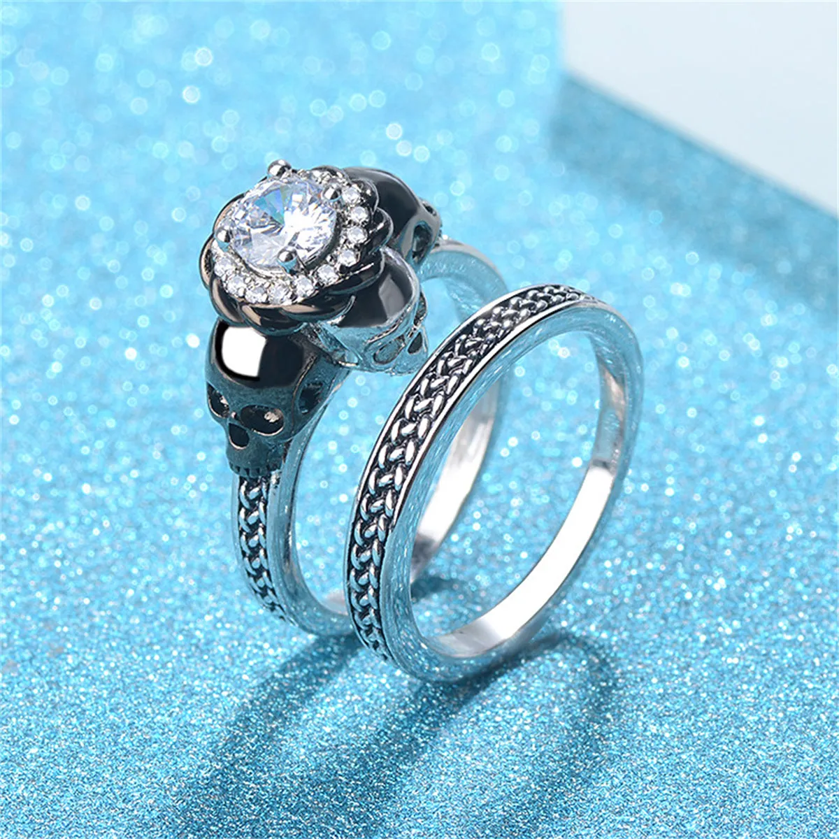 Crystal & Cubic Zirconia Skull Ring Set
