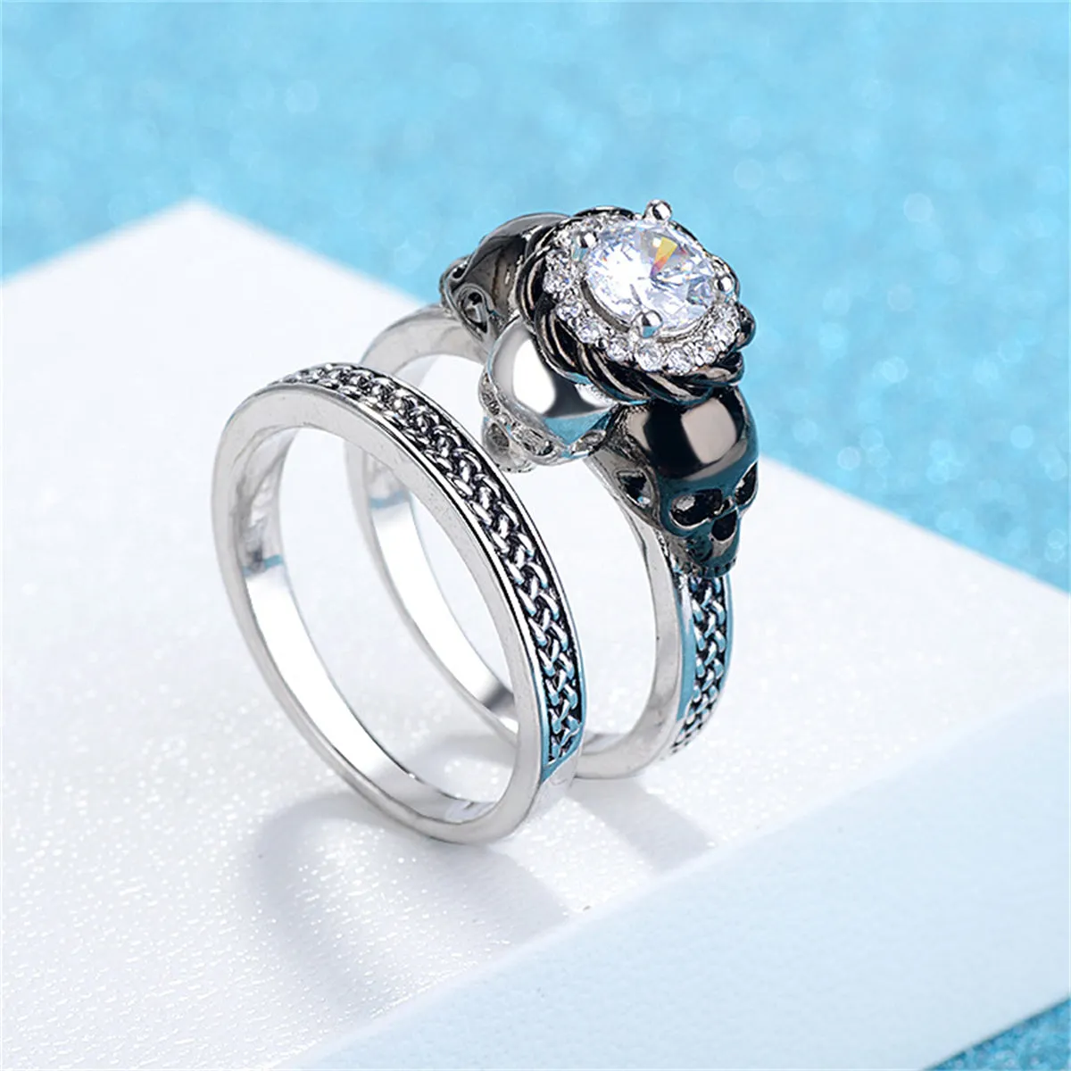 Crystal & Cubic Zirconia Skull Ring Set