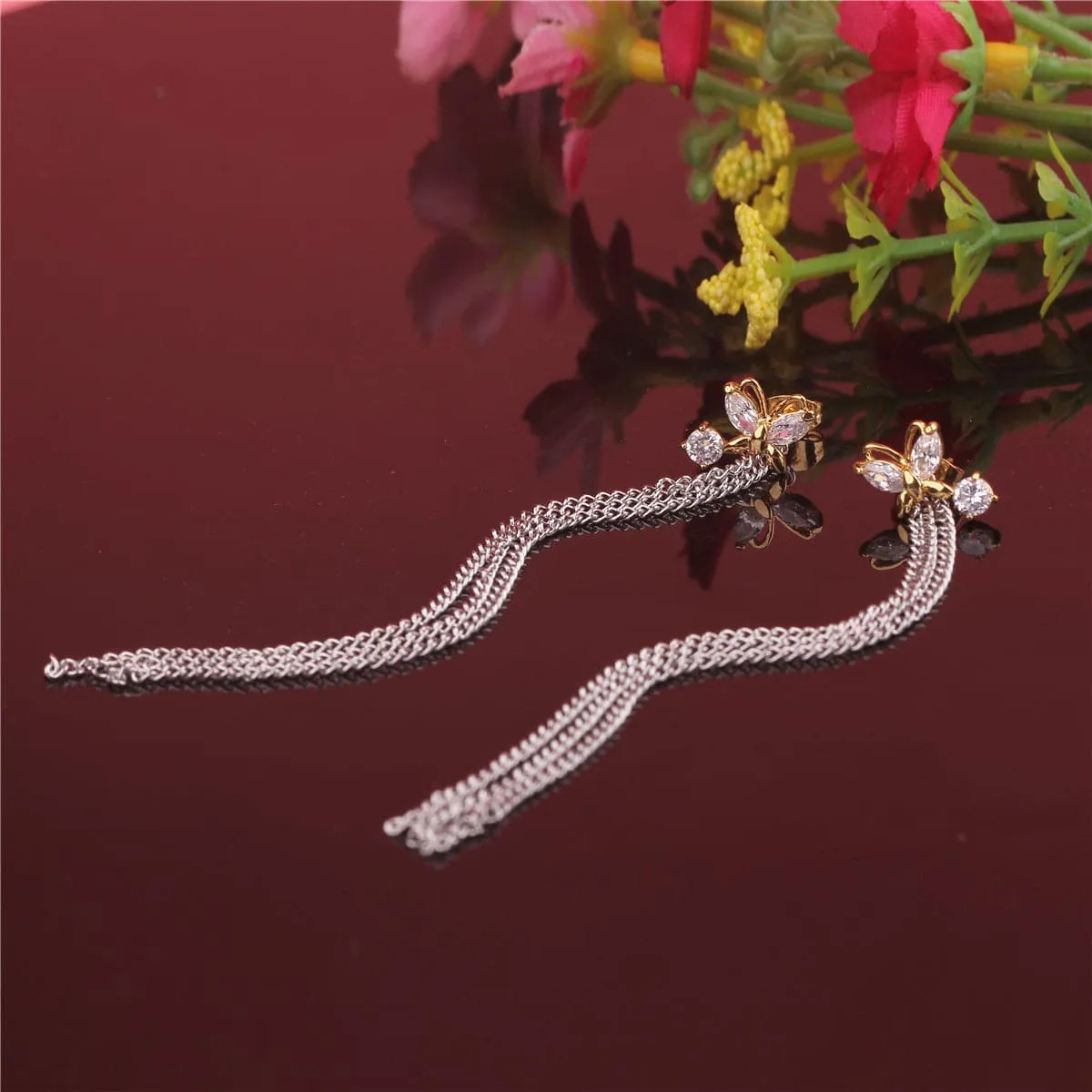 Crystal & Two-Tone Butterfly Tassel Drop Earrings