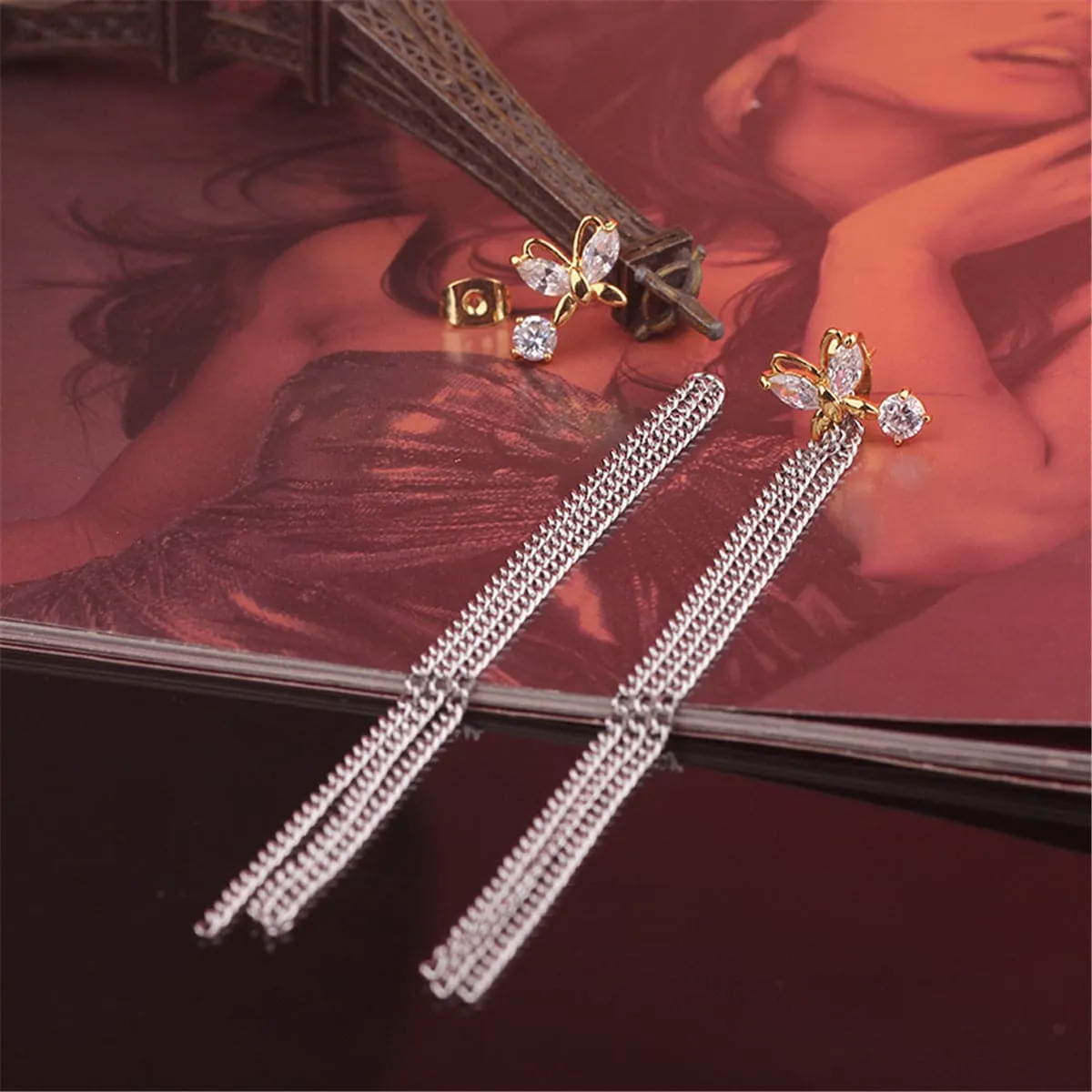 Crystal & Two-Tone Butterfly Tassel Drop Earrings