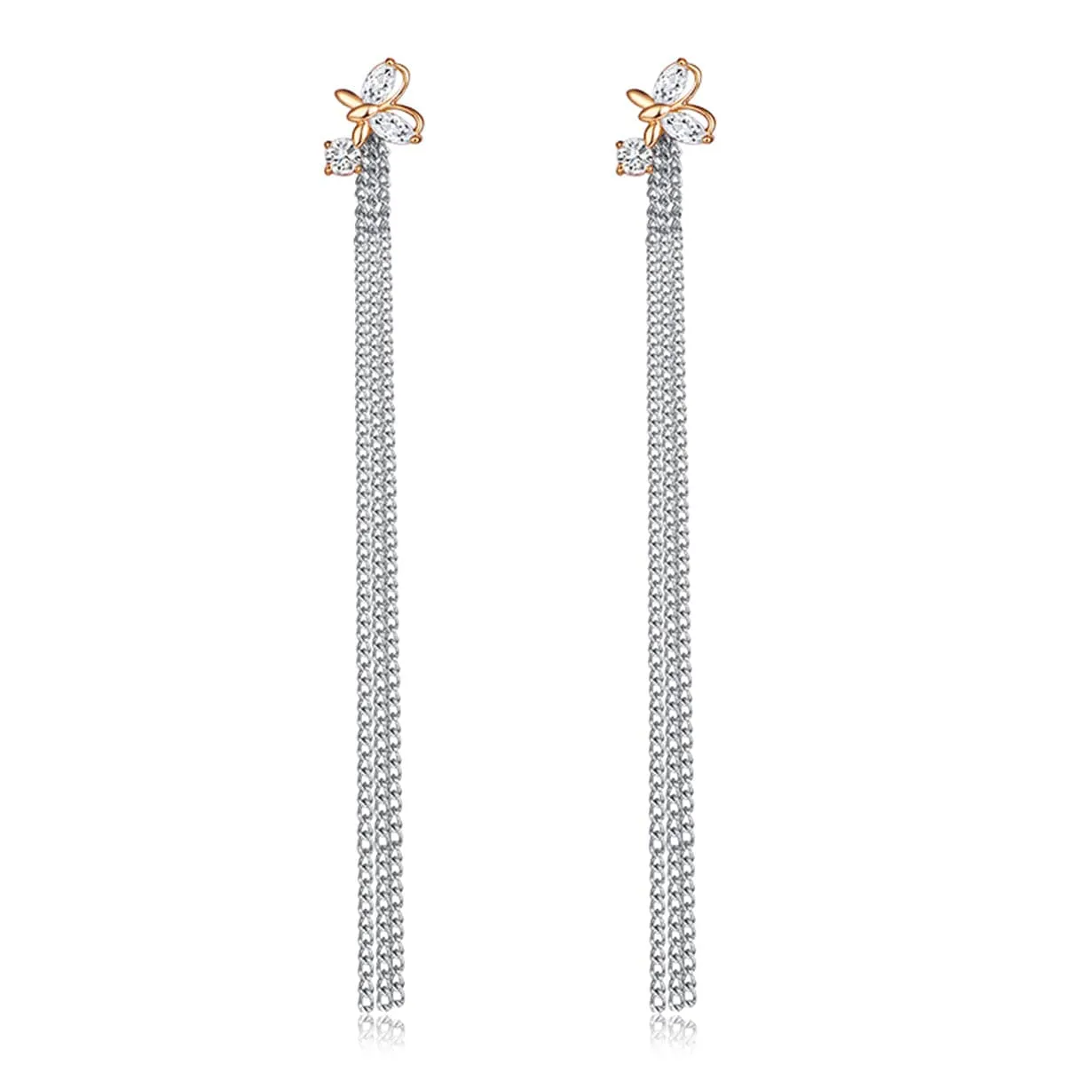 Crystal & Two-Tone Butterfly Tassel Drop Earrings