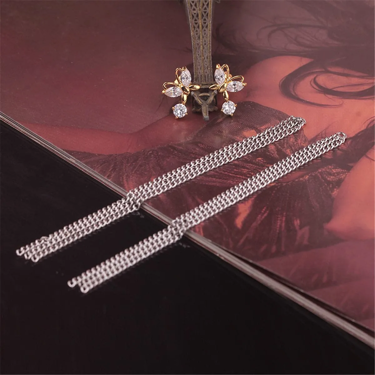 Crystal & Two-Tone Butterfly Tassel Drop Earrings