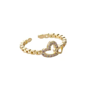 Cubic Zirconia & 18K Gold-Plated Pavé Interlocked Open Heart Chain Ring