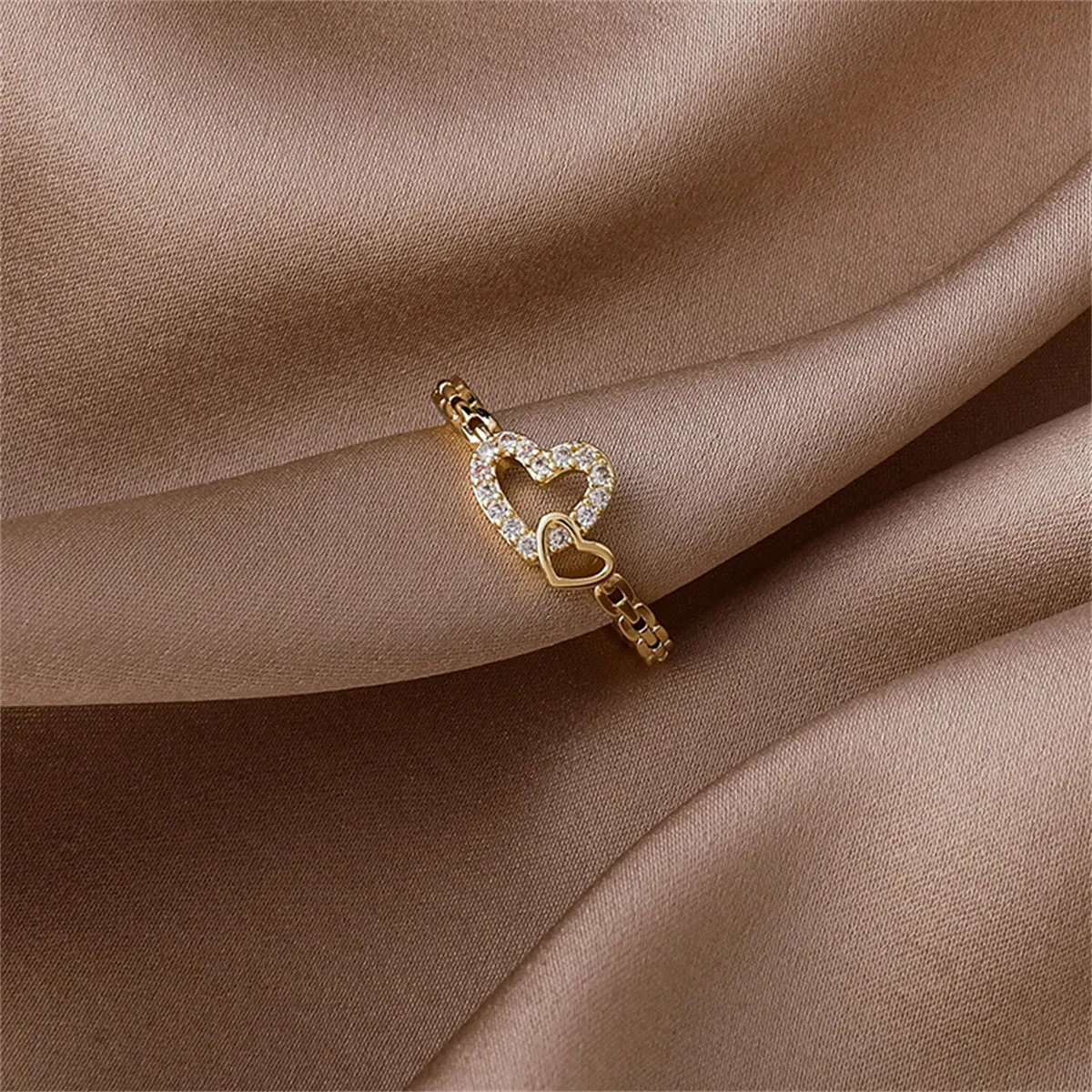 Cubic Zirconia & 18K Gold-Plated Pavé Interlocked Open Heart Chain Ring
