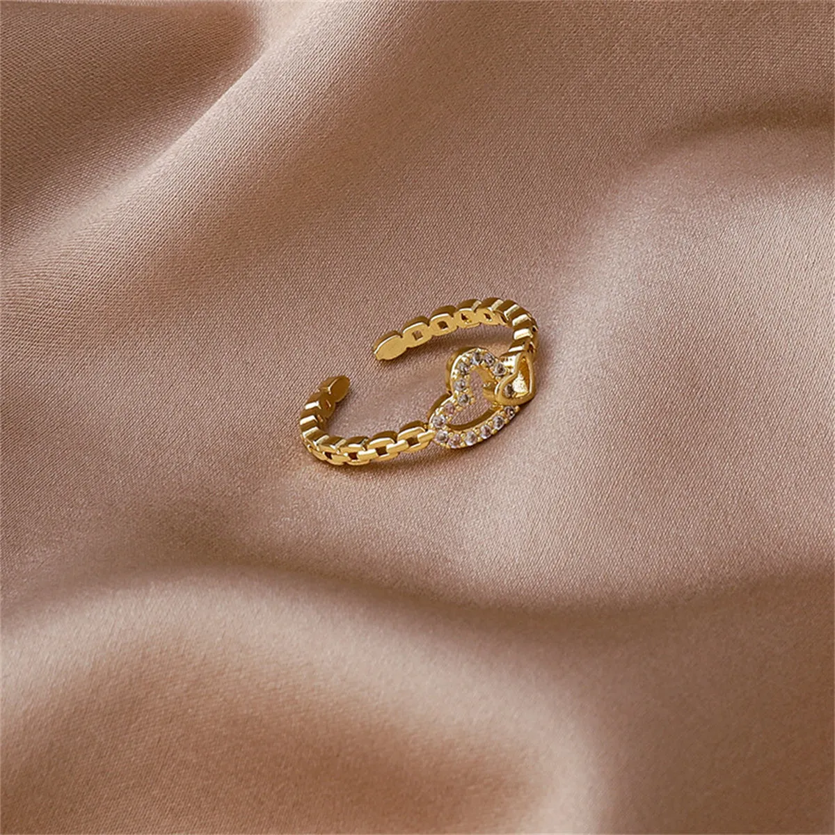Cubic Zirconia & 18K Gold-Plated Pavé Interlocked Open Heart Chain Ring