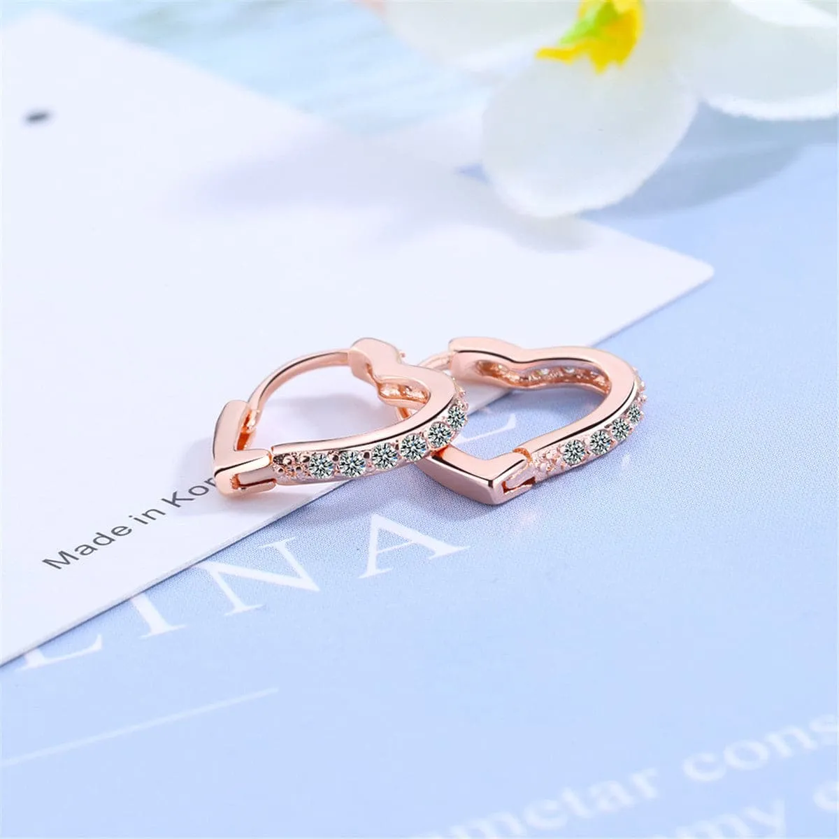 Cubic Zirconia & 18K Rose Gold-Plated Heart Hoop Earrings