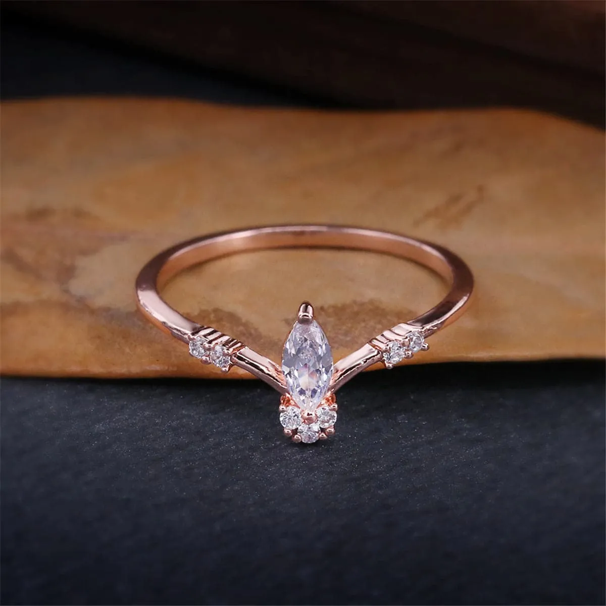 Cubic Zirconia & 18K Rose Gold-Plated Marquise-Cut Ring