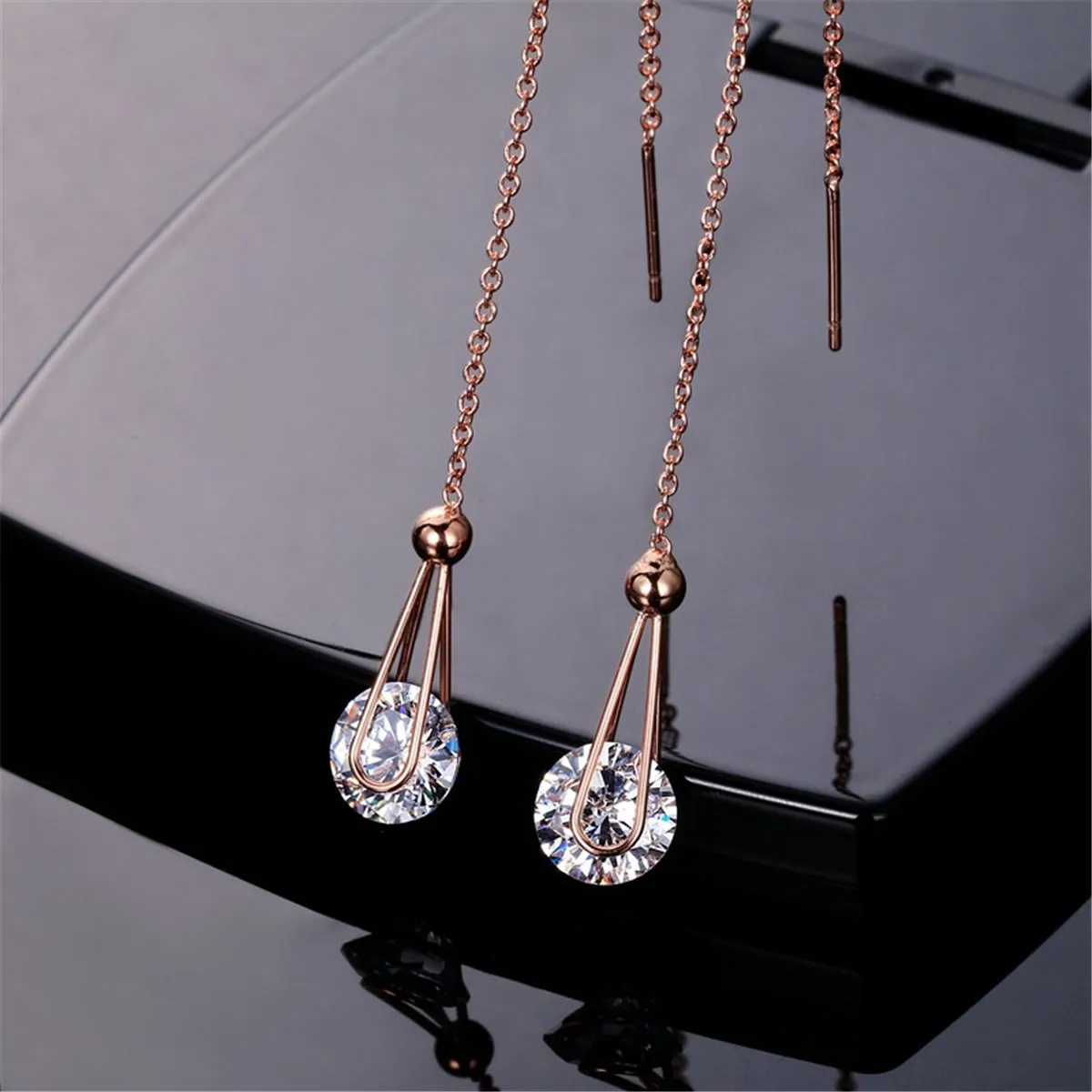 Cubic Zirconia & 18K Rose Gold-Plated Threader Earrings