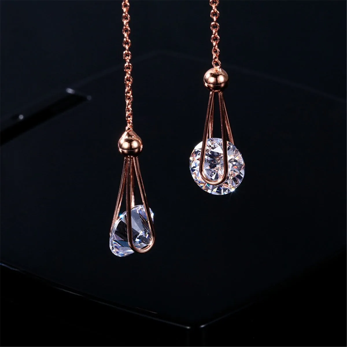 Cubic Zirconia & 18K Rose Gold-Plated Threader Earrings