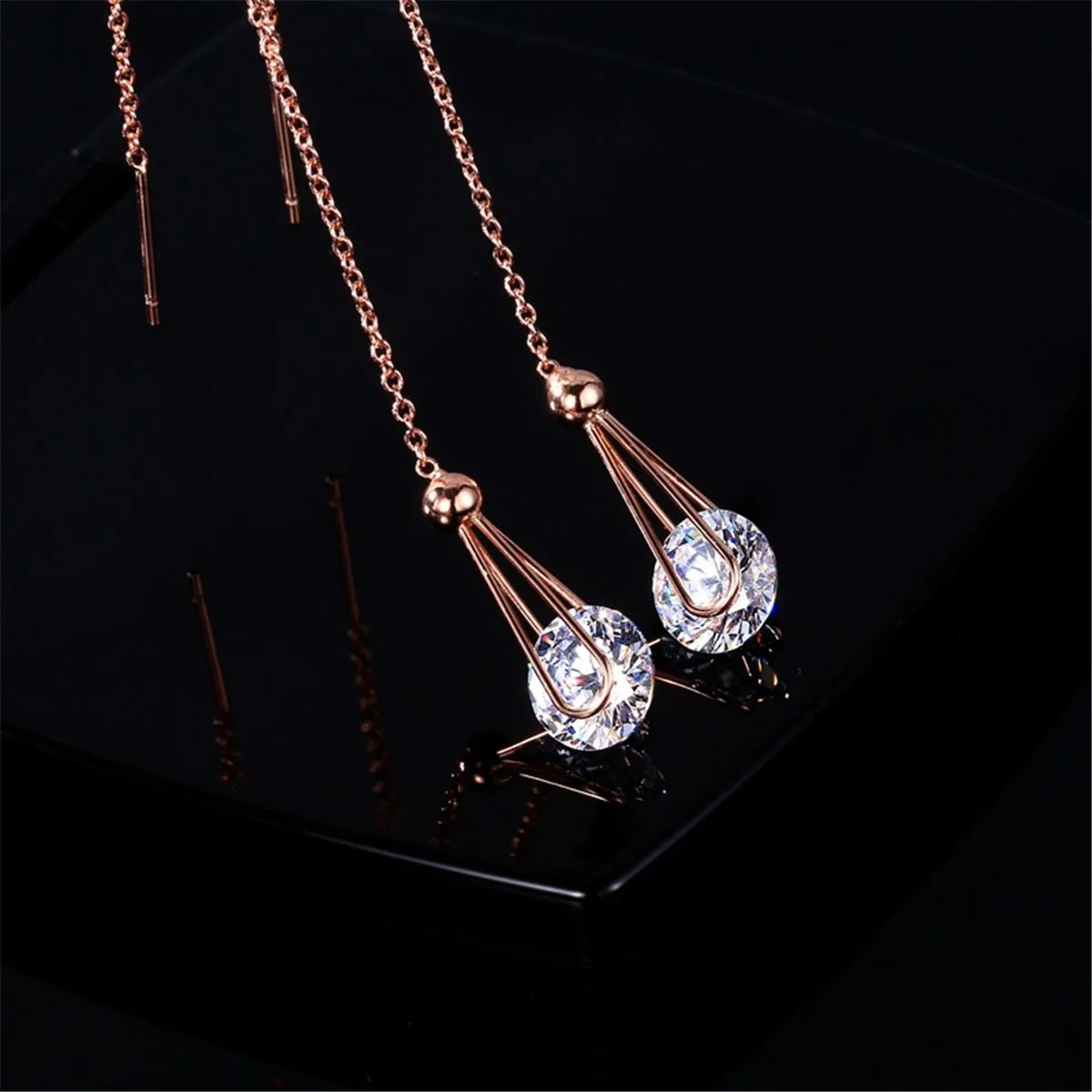 Cubic Zirconia & 18K Rose Gold-Plated Threader Earrings