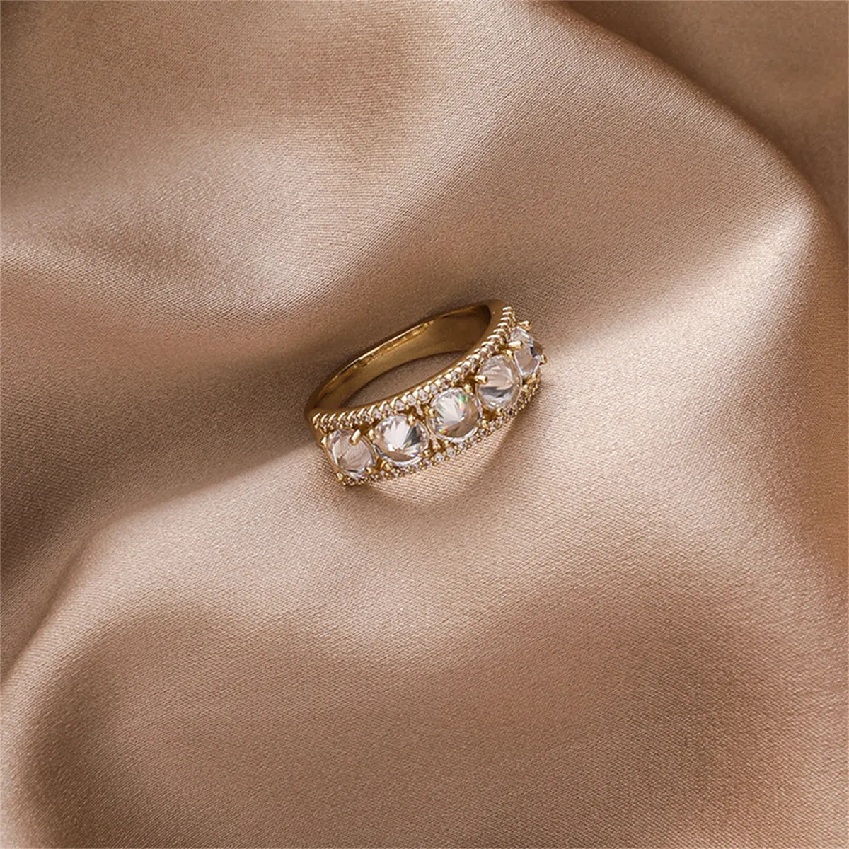 Cubic Zirconia & Crystal 18K Gold-Plated Round-Cut Channel Band Ring