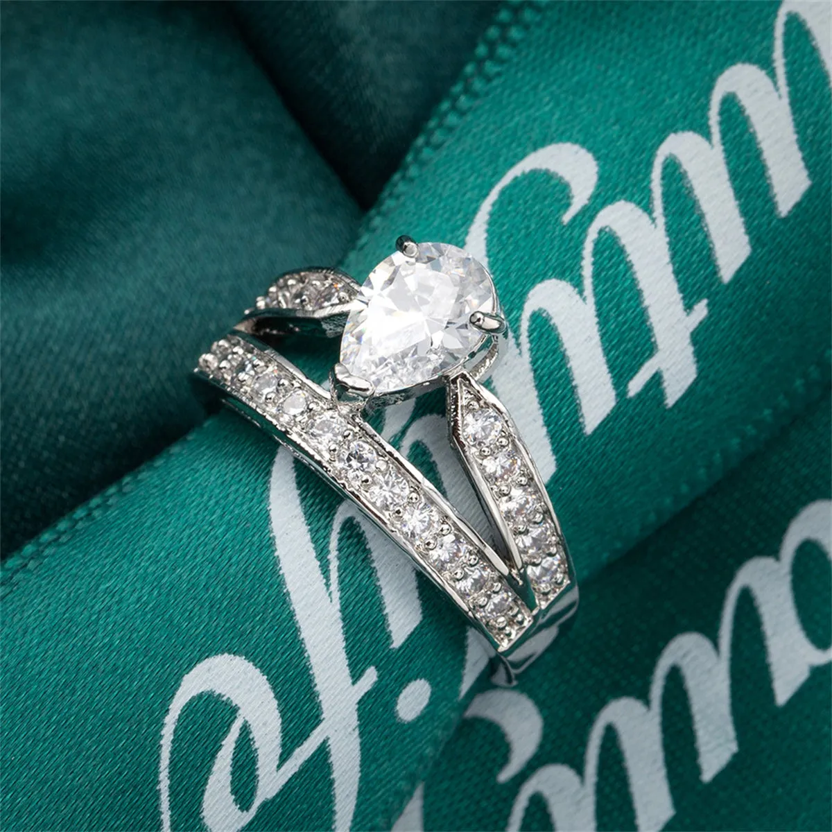 Cubic Zirconia & Crystal Silver-Plated Pear-Cut Drop-Band Ring