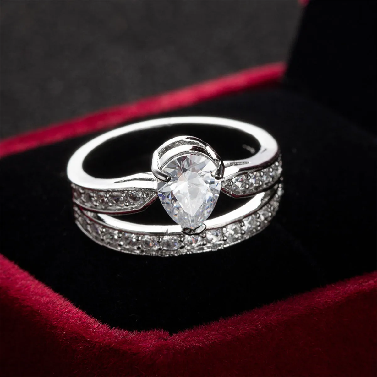 Cubic Zirconia & Crystal Silver-Plated Pear-Cut Drop-Band Ring