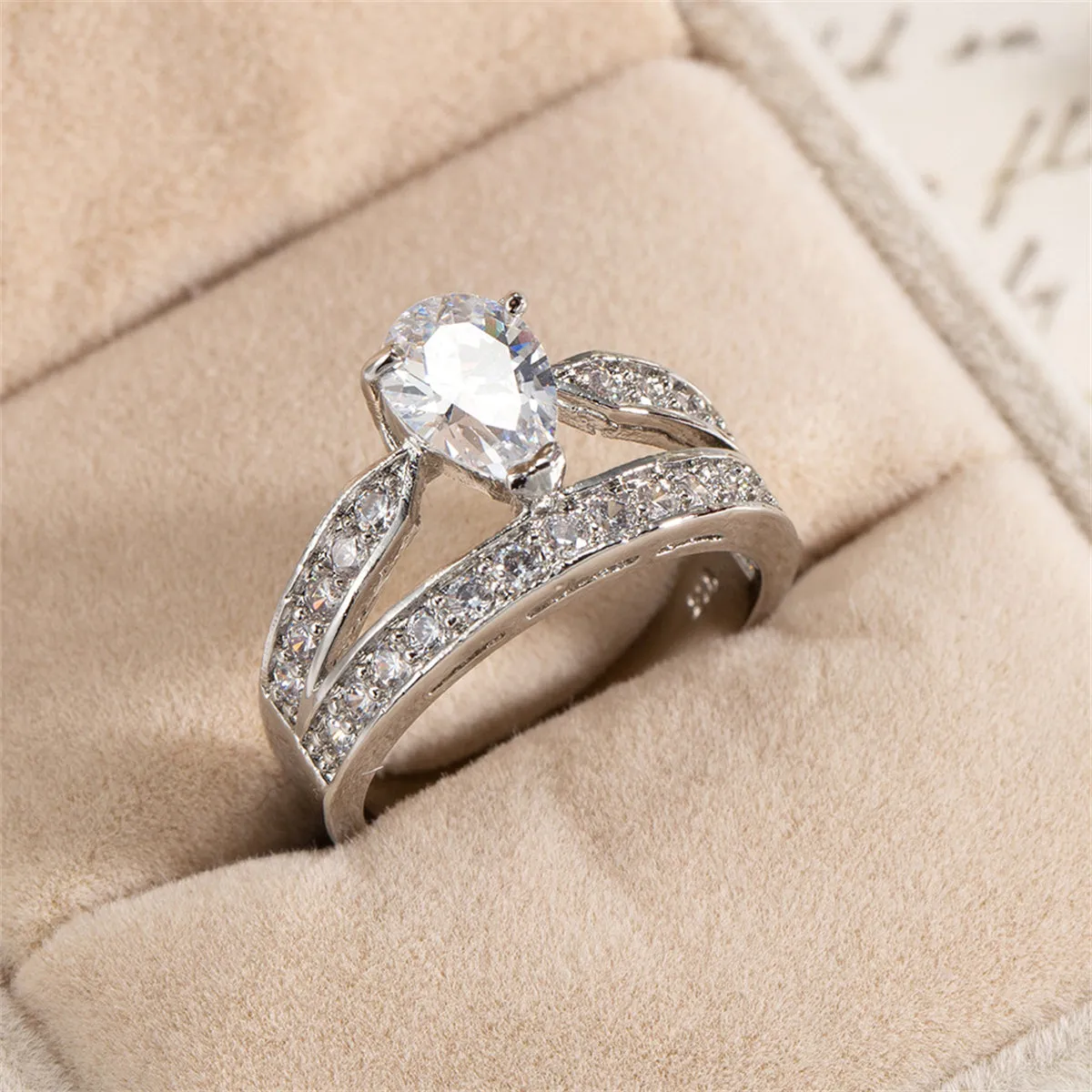 Cubic Zirconia & Crystal Silver-Plated Pear-Cut Drop-Band Ring